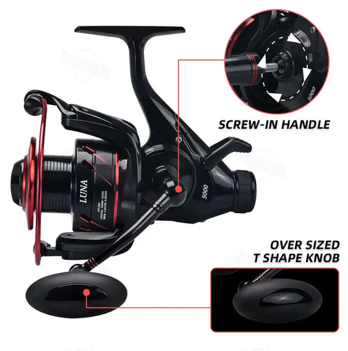 Black spinning fishing reel with oversized T-shape drag knob, side view