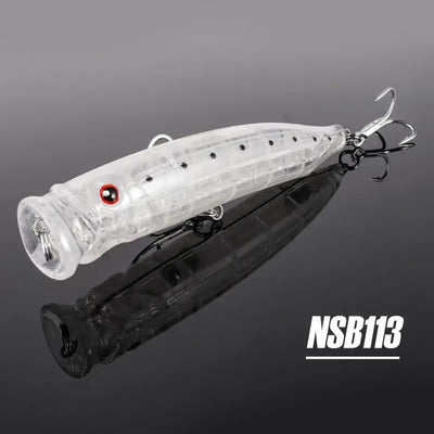 Two topwater feed popper lures, clear white body with treble hooks, NSB113