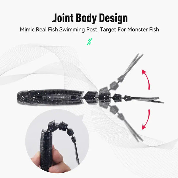 Jointed soft swimbait lure with segmented body, black with white speckles, two tail fins.