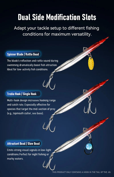 Long casting jigging lure with dual side modification slots and spinner blade assembly