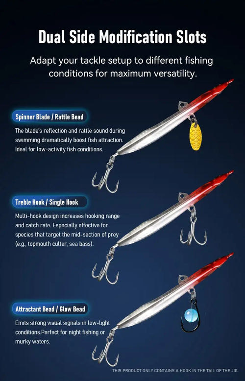 Long casting jigging lure with dual side modification slots and spinner blade assembly