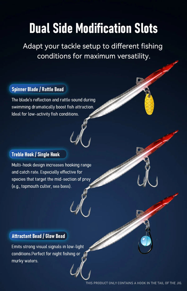 Long casting jigging lure with dual side modification slots and spinner blade assembly