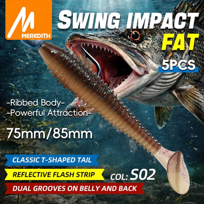 Meredith paddle tail soft plastic 5-pack, brown ribbed body with speckles, hooked paddle.