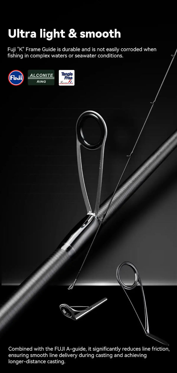 Spinning rod guide close-up with Fuji K frame on graphite blank