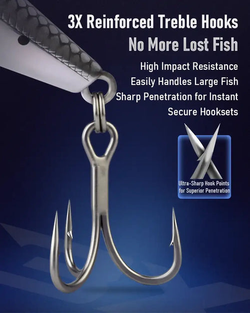 Sinking pencil fishing lure with two large reinforced treble hooks