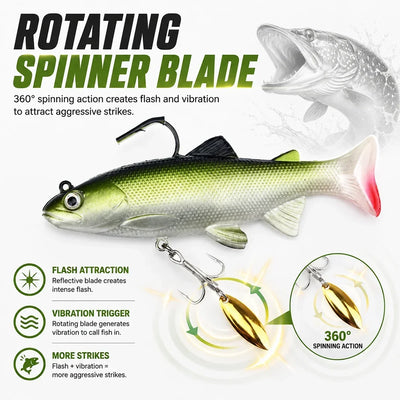 Rotating spinner blade swimbait with green back, silver sides, and pink tail
