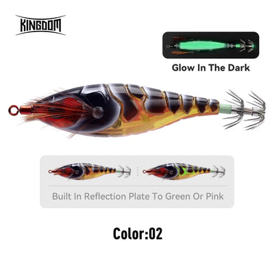 Luminous squid jig in dark blue and gold with green glow head and trailing tentacle fins