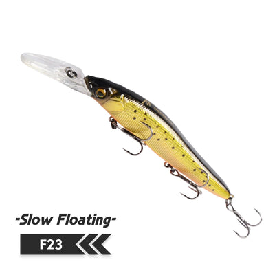 Minnow fishing lure, black and gold/yellow with clear lip, three treble hooks