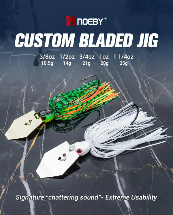 Pair of bladed chatterbait jigs with green and white heads, silicone blade skirts