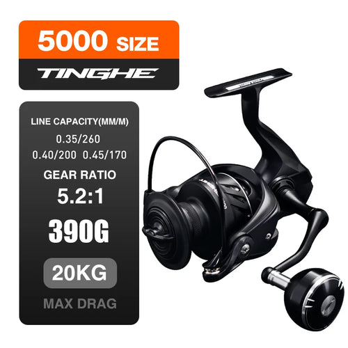 SEASIR black spinning fishing reel with side info panel and right-side handle