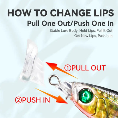 Floating lure head with replaceable clear lip, showing pull-out and push-in fit