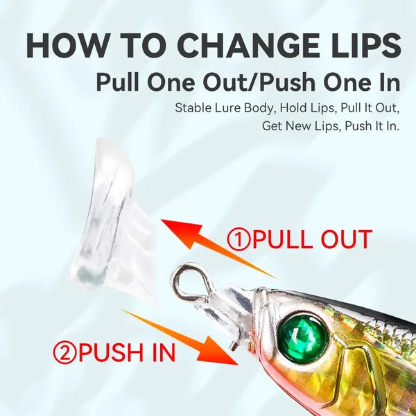 Floating lure head with replaceable clear lip, showing pull-out and push-in fit