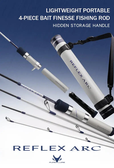 Four-piece portable baitcasting fishing rod kit with silver tube and strap