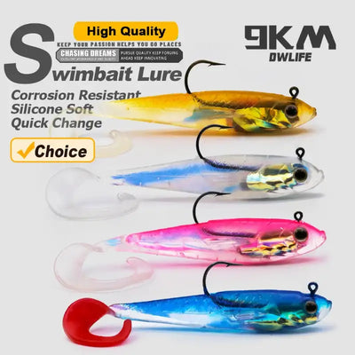 Assorted soft paddle-tail swimbait lures with jig heads and hooks in yellow, silver, pink, blue