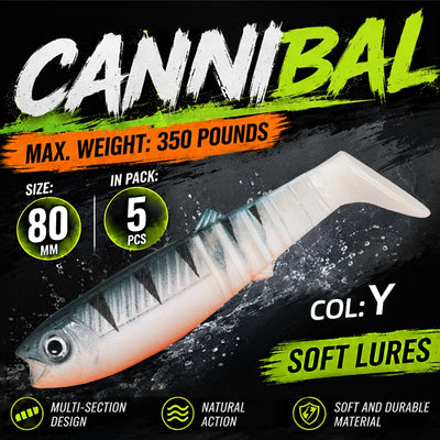 Silver and white paddle tail swimbait with gray back, soft bait body and tail.
