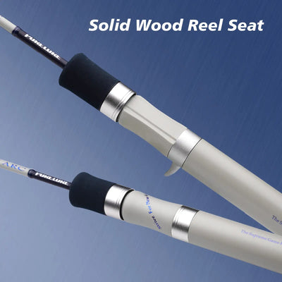 Baitcasting fishing rod with solid wood reel seat and black EVA grip