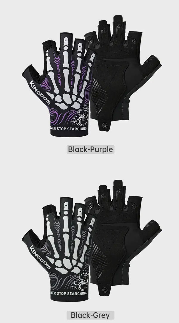 Set of half-finger gloves: black-purple and black-grey skeleton patterned grips