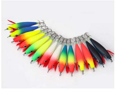 LEYDUN Luminous Squid Jig Set – Horizontal Wood Shrimp | BKK Hooks | ABS Body | 60 & 70 Series | 5-Pack & 14-Pack