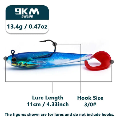 Pre-rigged paddle tail swimbait with blue body and red paddle, 11cm length