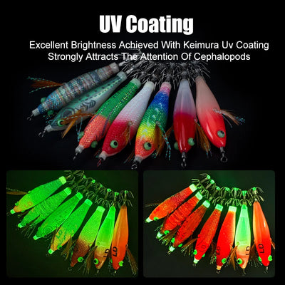 UV-coated luminous squid jig set with colorful shrimp-body lures