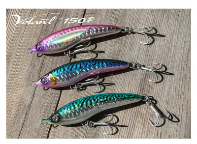 Floating stickbait fishing lures with treble hooks, three color finishes on wood