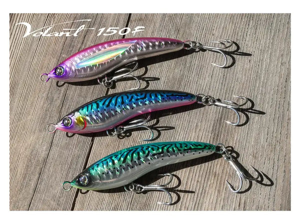 Floating stickbait fishing lures with treble hooks, three color finishes on wood