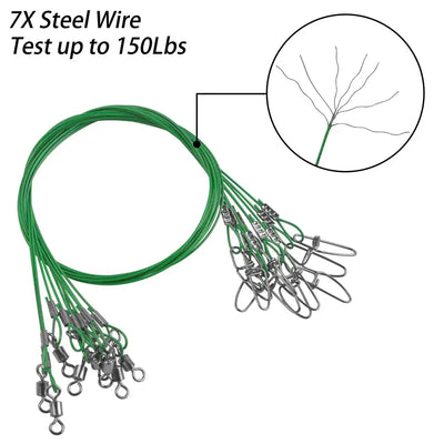 Green steel wire fishing leader loop set with multiple crimped snap swivels and clips
