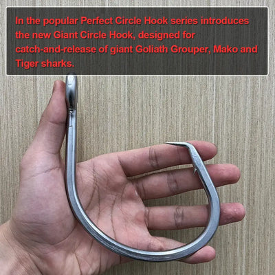 Stainless steel circle hook held in hand, long curved shank with ring eye