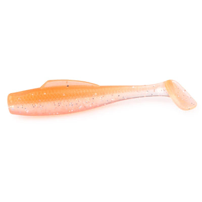 Soft plastic paddle tail minnow lure, orange-pink translucent with speckles