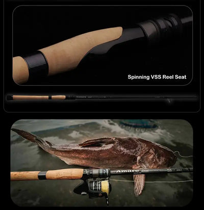 Spinning fishing rod reel seat with black cushioned EVA grip section