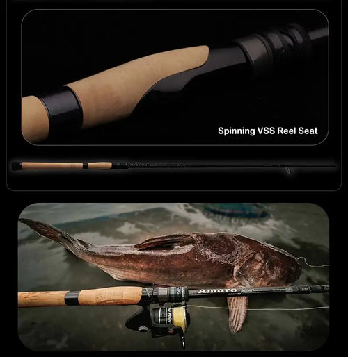 Spinning fishing rod reel seat with black cushioned EVA grip section