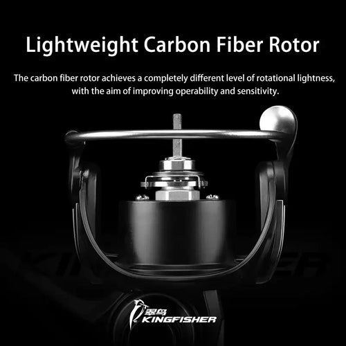 Lightweight carbon fiber rotor spinning fishing reel shown in close-up
