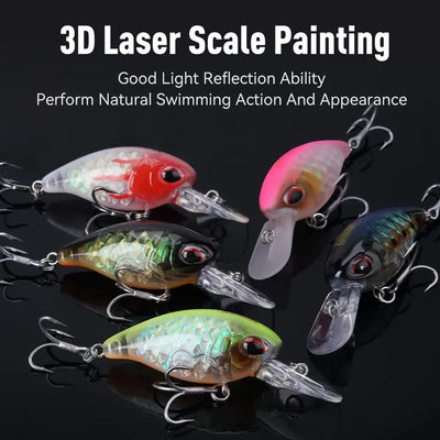 Set of floating crankbait lures in red, blue, green, and clear-lip designs