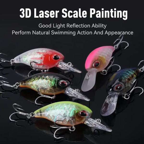 Set of floating crankbait lures in red, blue, green, and clear-lip designs