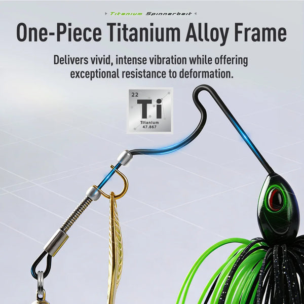 Spinnerbait lure with one-piece blue titanium frame, gold spinner blades, black skirt.