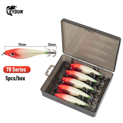 LEYDUN Luminous Squid Jig Set – Horizontal Wood Shrimp | BKK Hooks | ABS Body | 60 & 70 Series | 5-Pack & 14-Pack