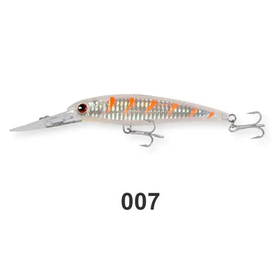 Saltwater trolling minnow wobbler in silver with orange accents and two treble hooks