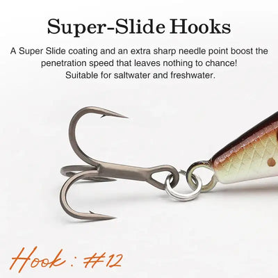 Hard fishing lure with super-slide hooks, close-up of silver treble hook