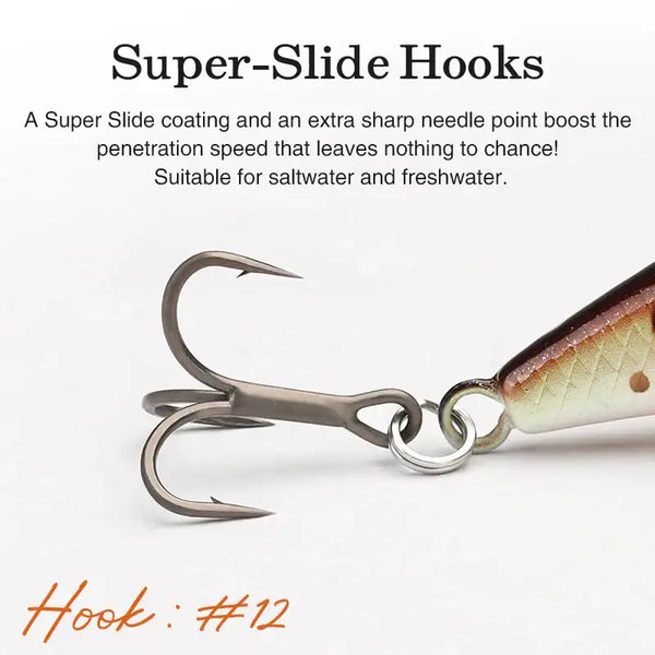 Hard fishing lure with super-slide hooks, close-up of silver treble hook