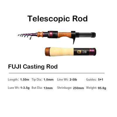 Telescopic casting fishing rod with cork grip and black-purple accents