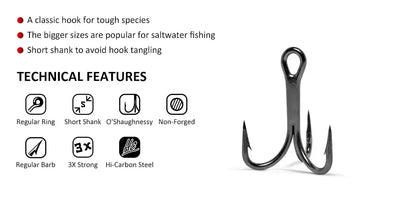 Black treble fishing hook with non-forged hi-carbon steel construction