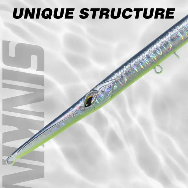 Hunthouse 180mm sinking trolling pencil lure, blue and chartreuse needle bait