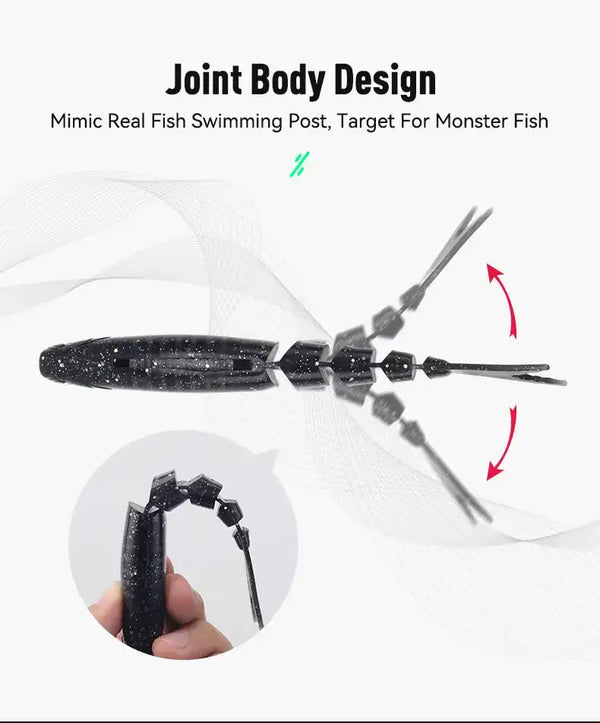 Jointed soft swimbait lure, dark speckled body with hinged segments and fork tail