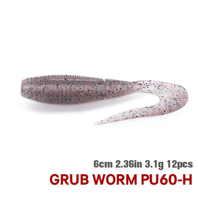 TSURINOYA curled grub worm soft bait, gray-purple speckled, 60mm 3.1g, 12pcs