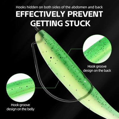 Light green silicone T-tail swimbait with speckled body and hook