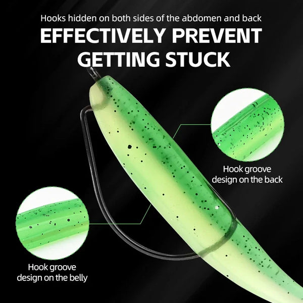 Light green silicone T-tail swimbait with speckled body and hook