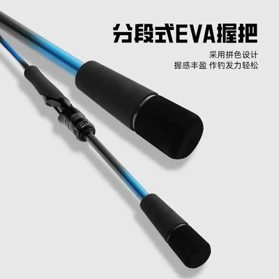 Two-section spinning fishing rod with EVA foam grips; blue carbon segments and black sleeves