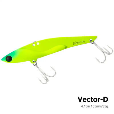Metal vibration fishing hard bait lure, lime green with black eye and three treble hooks.