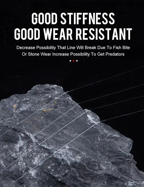 Fluorocarbon fishing line coil with diagram, shown for wear resistance on dark surface