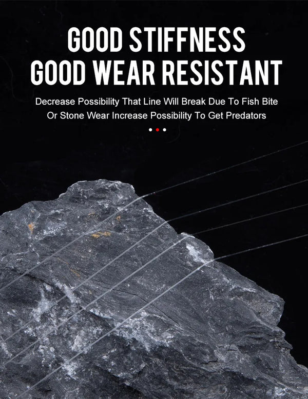 Fluorocarbon fishing line coil with diagram, shown for wear resistance on dark surface